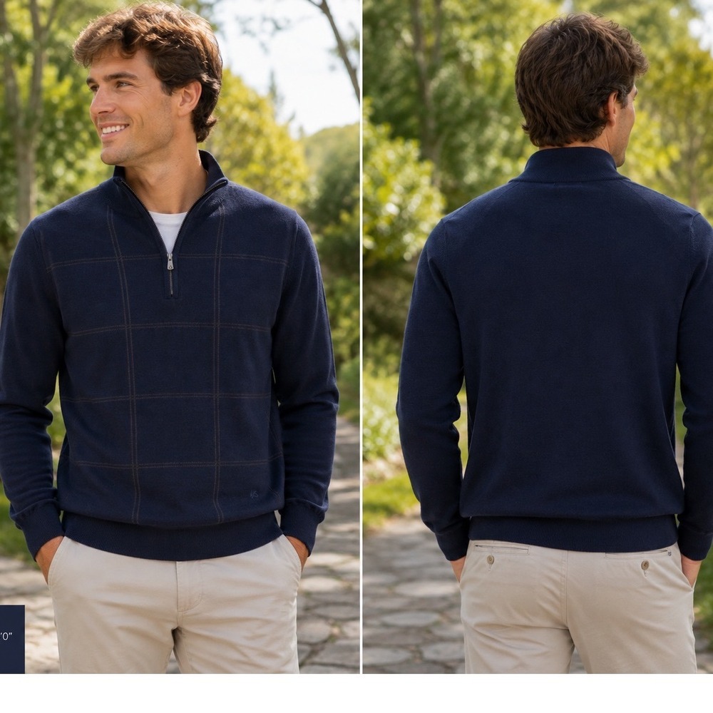 Isaia Sweater Mens Small Navy Blue Extrafine Merino Wool Quarter Zip Windowpane